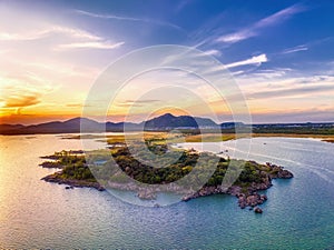 drone aerial view of the island on the picturesque Gaborone dam
