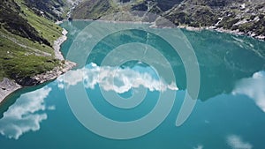Drone aerial view of the Lake Barbellino an alpine artificial lake and the mountain around it. Italian Alps. Italy
