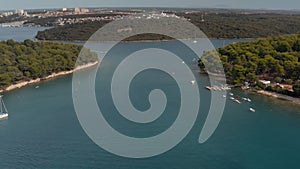 Drone aerial view of Mediterranean sea view with boats in a bay