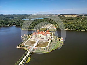 The drone aerial view of moritzburg castle (german: schloss moritzburg).