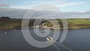 Drone Aerial view of The Passage East Ferry linking the villages of Passage East in Co. Waterford and Ballyhack in Co. Wexford.