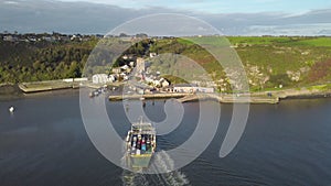 Drone Aerial view of The Passage East Ferry linking the villages of Passage East in Co. Waterford and Ballyhack in Co. Wexford