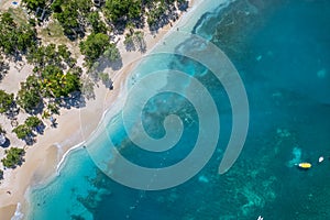 The drone aerial view of Pigeon Point Beach in Antigua.