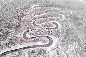 Drone aerial view of a serpent road in Romania, Cheia Road Brasov