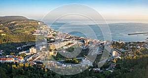 Drone aerial view on Sesimbra, fishing town in Setubal district in Portugal photo