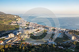 Drone aerial view on Sesimbra, fishing town in Setubal district in Portugal photo