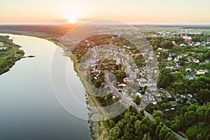 Drone aerial view of small city Vilkija, Lithuania