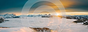 Drone aerial view of snowy mountains in Kronplatz