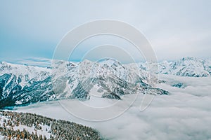 Drone aerial view of snowy mountains in Kronplatz