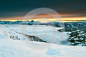 Drone aerial view of snowy mountains in Kronplatz