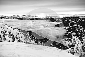 Drone aerial view of snowy mountains in Kronplatz