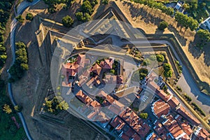 drone aerial view at sunrise of the fortified city of ValenÃ§a do Minho, Portugal