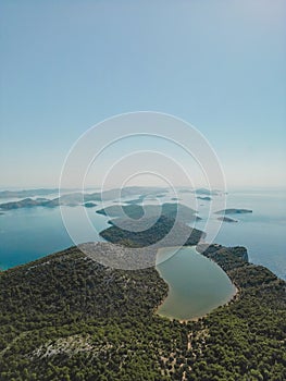 Drone aerial view of Telascica bay in National Park, Croatia