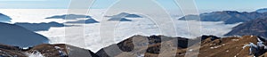 Drone aerial view to the Po plain and Seriana valley. The fog covers all the villages and the Padana plain photo