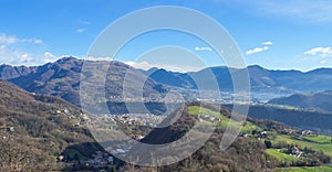 Drone aerial view to the Seriana and Gandino valley.Landscape from the village of Orezzo, Italy photo