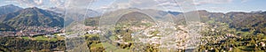 Drone aerial view to the villages of Leffe, Gandino, Casnigo, Peia and Cazzano Sant Andrea, Bergamo, It