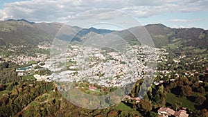 Drone aerial view to the villages of Leffe, Gandino, Casnigo, Peia and Cazzano Sant Andrea, Bergamo, It