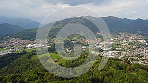 Drone aerial view to the villages of Leffe, Gandino, Casnigo, Peia and Cazzano Sant Andrea, located at Gandino Valley