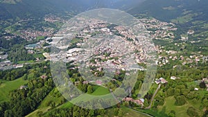 Drone aerial view to the villages of Leffe, Gandino, Peia and Cazzano Sant Andrea, located at Gandino Valley