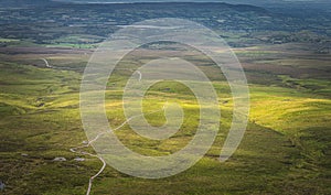 Drone or aerial view on winding wooden path in Cuilcagh Mountain Park