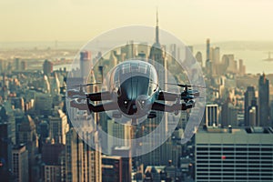 Drone aero taxi flying between buildings in Dubai city at sunset between skyscrapers.