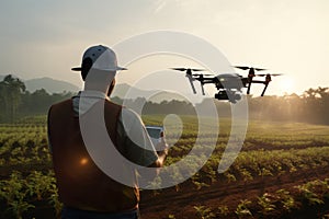 drone aids a farmer in greenhouse, managing crop health and irrigation, demonstrating technology