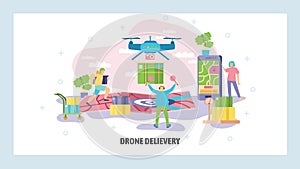 Drone air delivery concept. Drone with package landing on a map, courier fast shipping. Vector web site design template