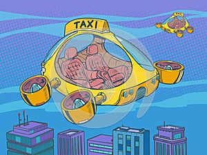 Drone air taxi, autopilot city transport. Helicopter of the future