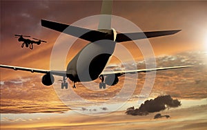 Drone Airplace crash concept - Drone flying near airplane photo