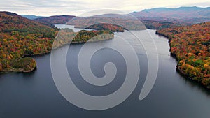 Drone Backwards New England Lakes Colorful Fall Foliage Trees. Beautiful Aerial Recreation Area