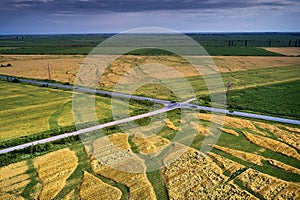 Drone bird view of fields, agriculture lands and roads