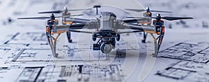 Drone on blueprints in a studio setting