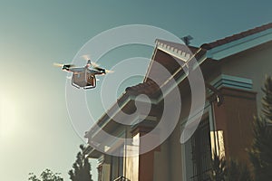 A drone with a box hovers over the rooftop of a house