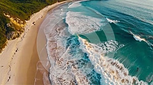 Drone camera top view at white sand beach and green ocean waves. Top to bottom view, Idilic hidden beach