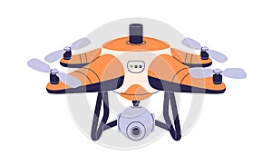 Drone with camera. UAV, unmanned copter flying for aerial photographing, video recording, monitoring. Air cam equipment photo