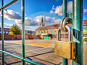 Drone Captures Deserted School Campus During Summer Closure Empty Playground and Padlocked Building Showcase Enforced photo