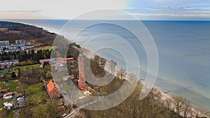 A drone captures Gaski beach, West Pomeranian Voivodeship, Poland, featuring a red brick lighthouse, Baltic Sea, sandy shore,