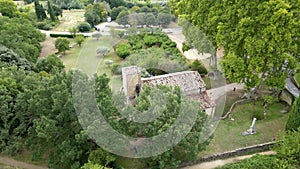 Drone Captures Rustic Charm: Aerial Rotation around Vaugines Church, Heart of Provence, Vaucluse, PACA
