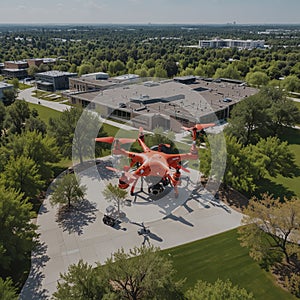 A drone capturing aerial footage of a tech campus photo