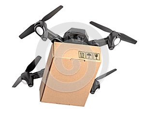 Drone with cardboard box makes delivery by air. Drone with camera carries postal parcel. Isolated on white background