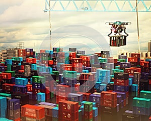 Drone cargo with container freight above city futuristic depot.