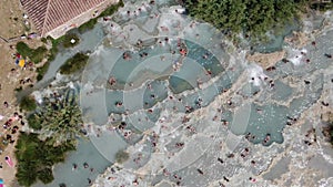 Drone at Cascate del Mulino hot springs near Saturnia in Tuscany, Italy, Europe