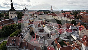 The drone circles over the town hall tower. Estonia, Tallinn city center