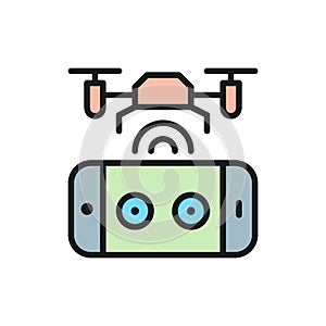 Drone with control panel, mobile remote controller flat color line icon.