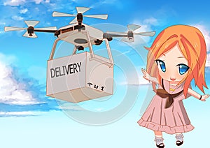 Drone Deliver box in the air to girl with beautiful sky background