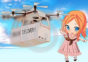 Drone Deliver box in the air to girl with beautiful sky background