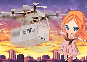 Drone Deliver box in the air to girl with beautiful sunset sky