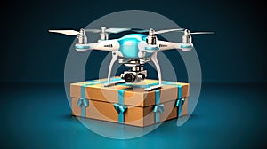 A drone delivering a package against a dark background