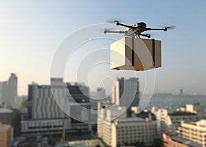 Drone delivering package into the city. Business air transportation. Unmanned aircraft robot concept. Fast air shipping