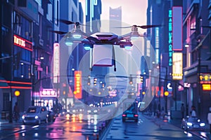 Drone delivering package in futuristic city at twilight